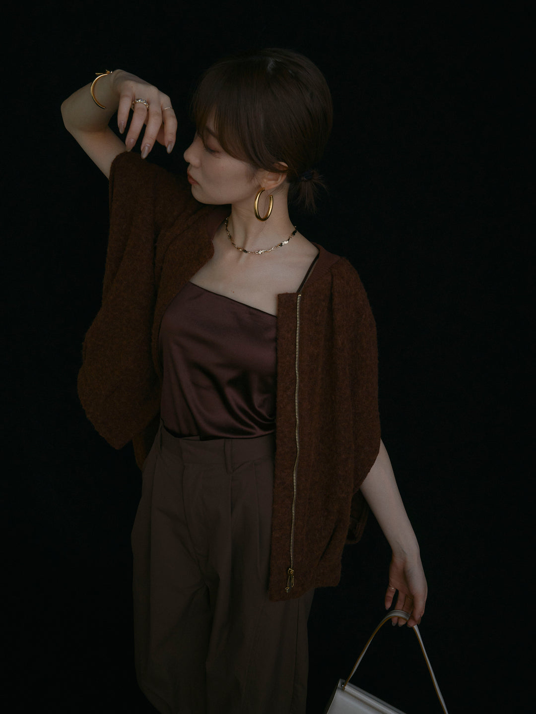 【Allure】[SET]ウール混コクーンブルゾン+タフタワイドカーブパンツ(2set)