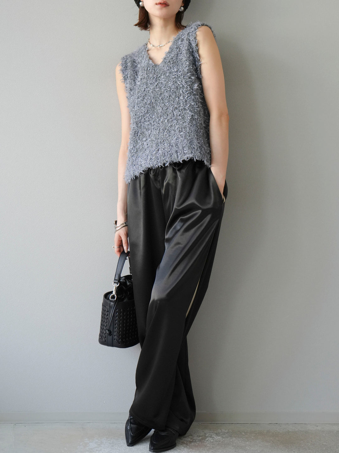 [予約]サテンラインワイドパンツ/ブラック
