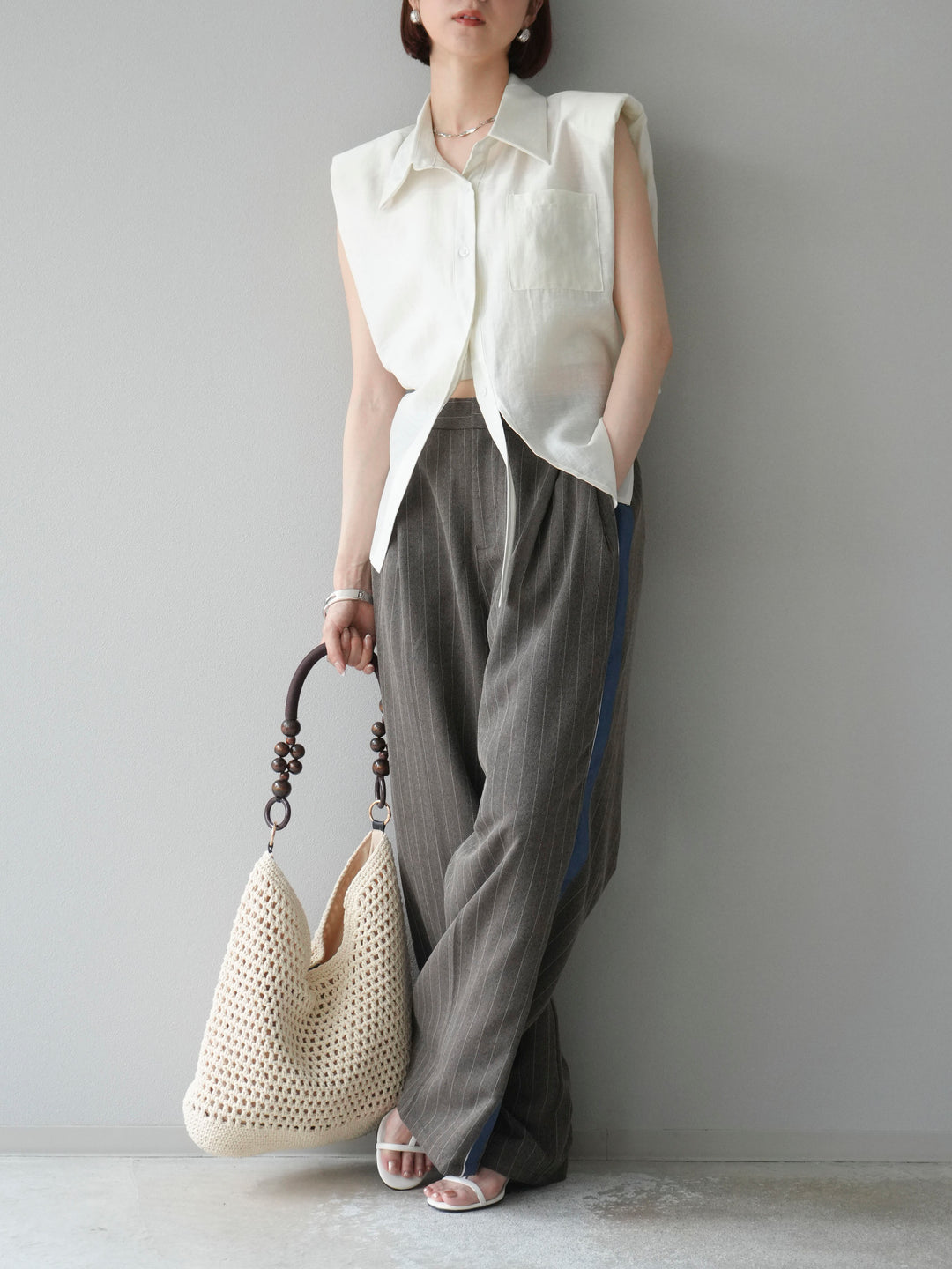 [予約]サイドラインストライプワイドパンツ/ブラウン