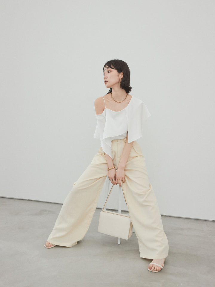 [SET]ワンショルラッフルブラウス+リネンタッチタックワイドパンツ (2set)