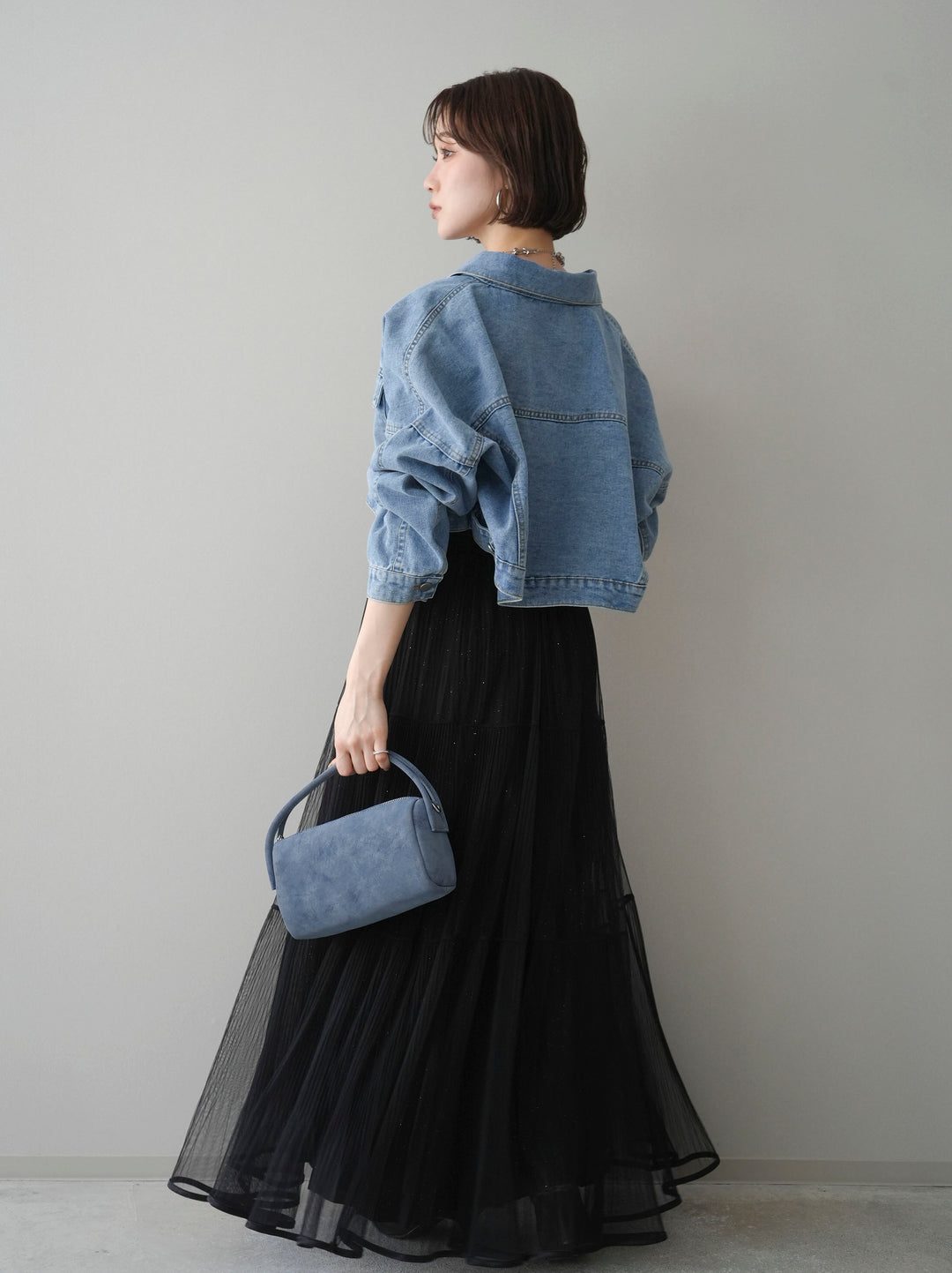 [予約]ラメプリーツレイヤードチュールロングスカート/black