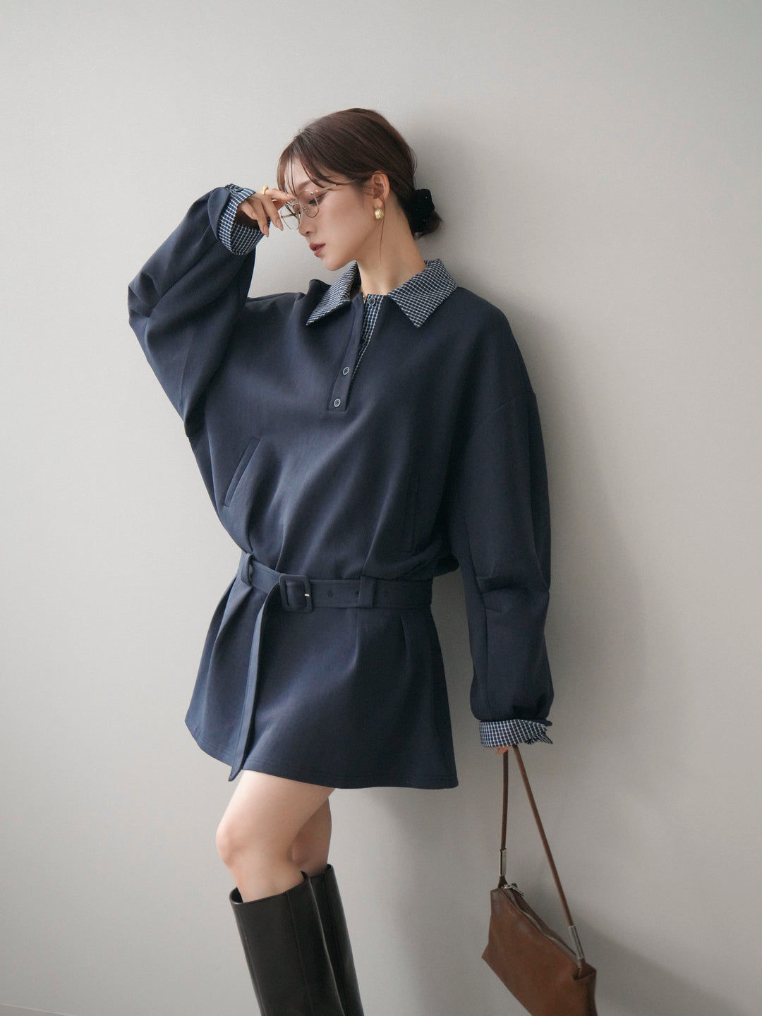 [予約]チェック襟xスエットミニワンピース/blue