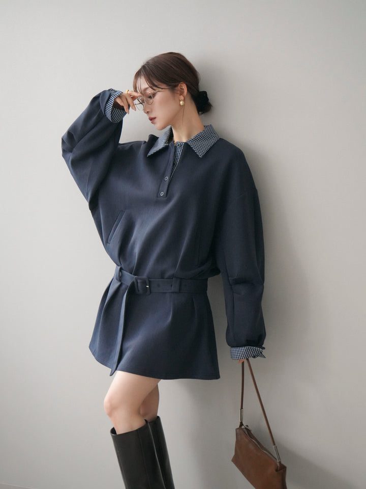 [予約]チェック襟xスエットミニワンピース/blue