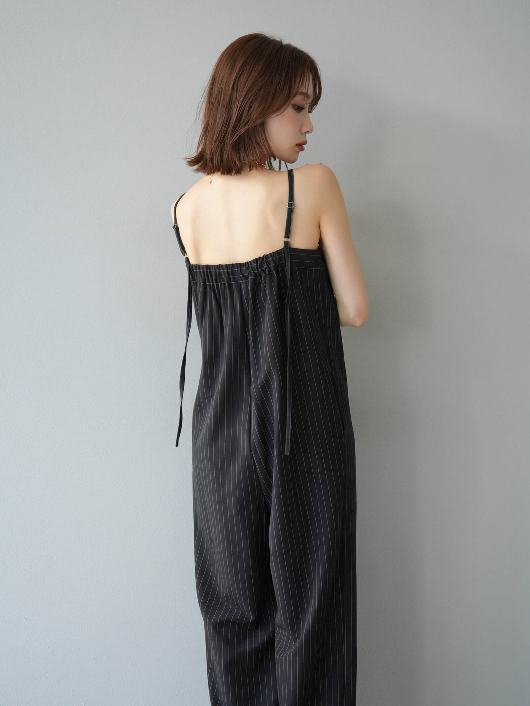 [予約]サテン切替ピンストライプサロペット/ブラック