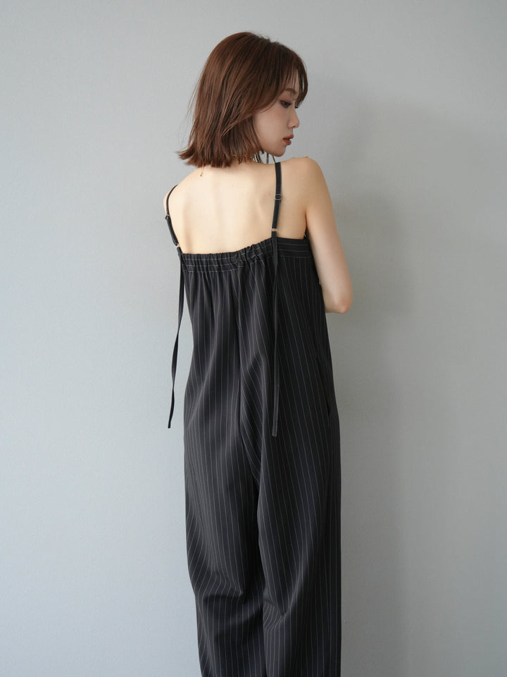 [予約]サテン切替ピンストライプサロペット/ブラック