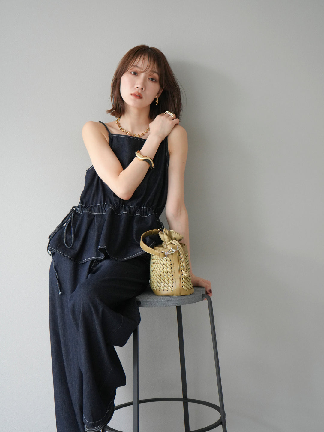 [SET]デニムタックフレアキャミソール＆イージーワイドパンツSET UP(2set)