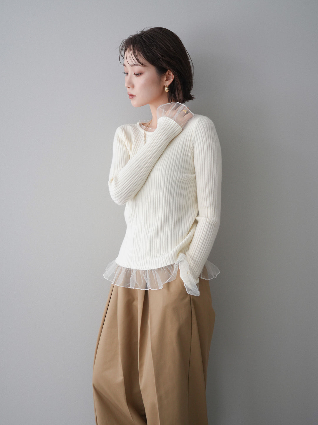 [予約]チュールレイヤードリブニットトップス/ivory