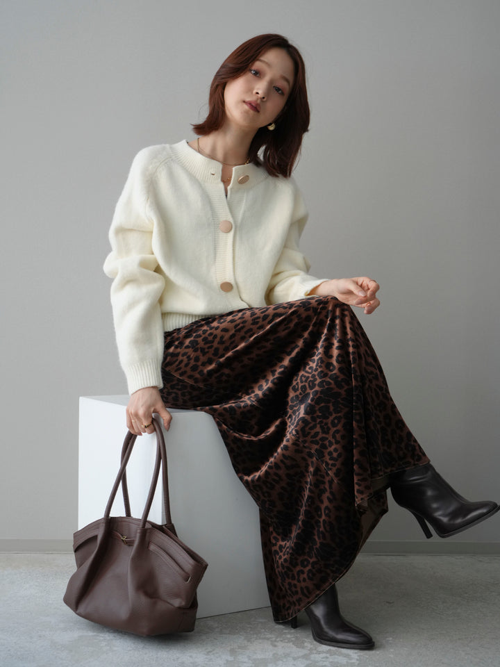 [SET]BIGボタンニットカーディガン+レオパードベロアナロースカート(2set)