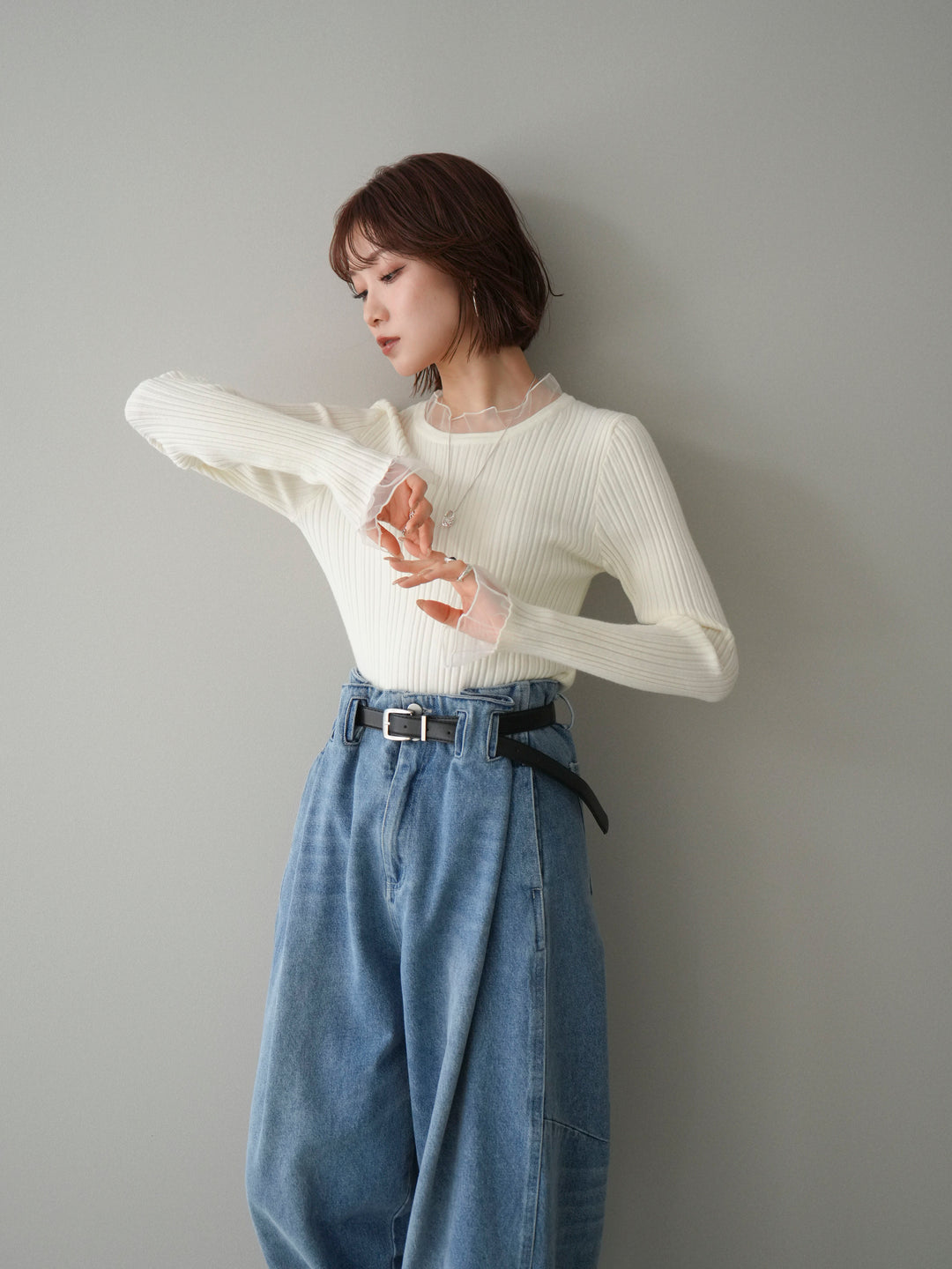 [SET]チュールドッキングリブニットトップス+チュールドッキングリブニットトップス(2set)