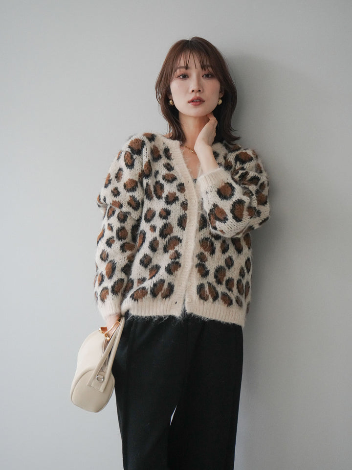 [SET]モヘアタッチレオパード柄ニットカーディガン+選べるアクセセット(2set)