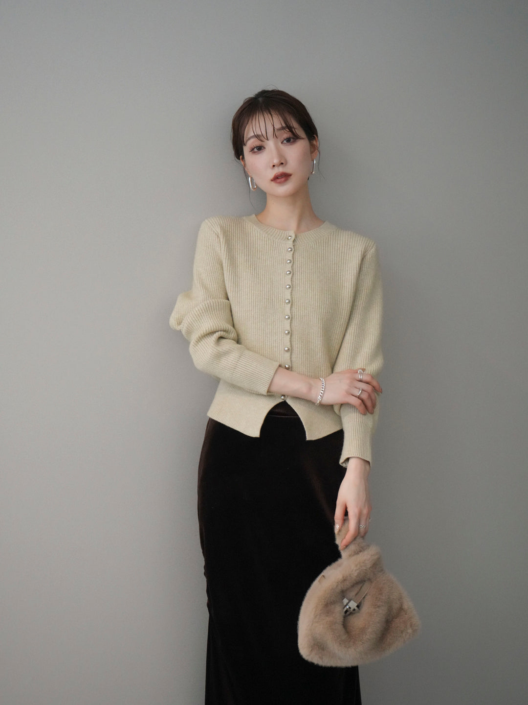 [予約]シルバーボタン畦編みニットカーディガン/ivory