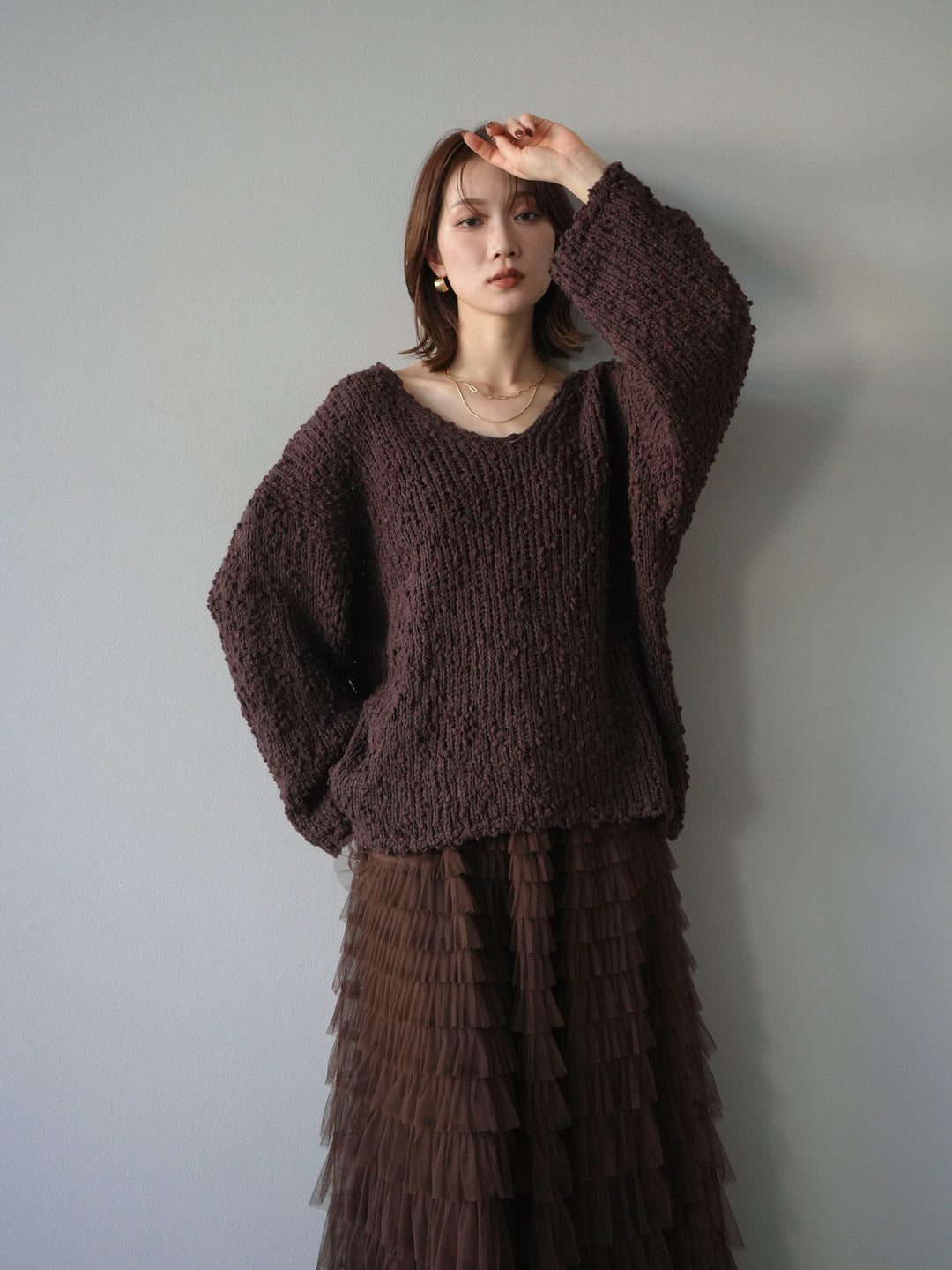 [予約]メランジポコポコニットプルオーバー/brown