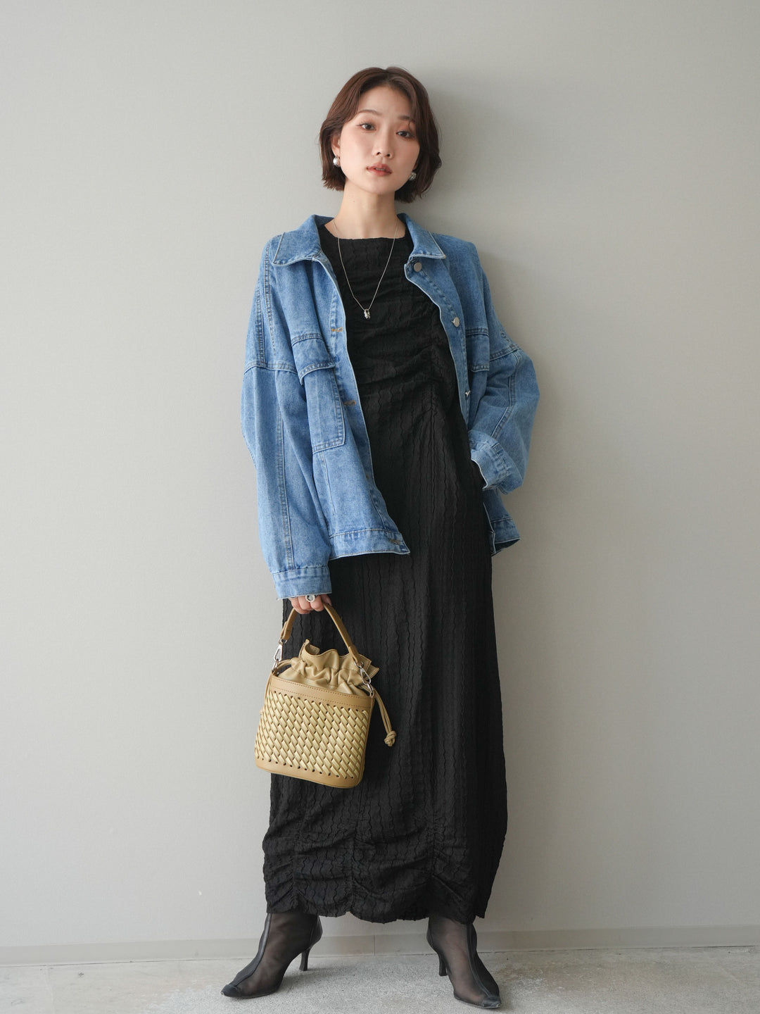 [予約]シャーリングジャガードノースリーブワンピース/black