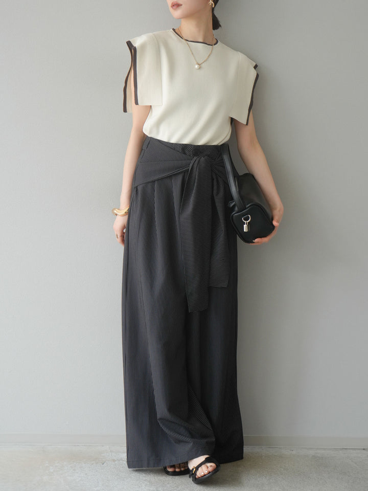 【預購】條紋裹腰闊腿褲/黑色