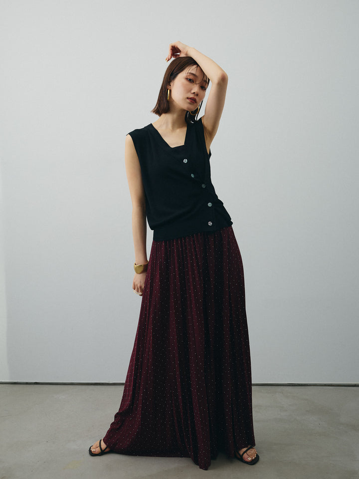 [SET] 清涼觸感2WAY設計針織背心+水鑽百褶裙（2件組）