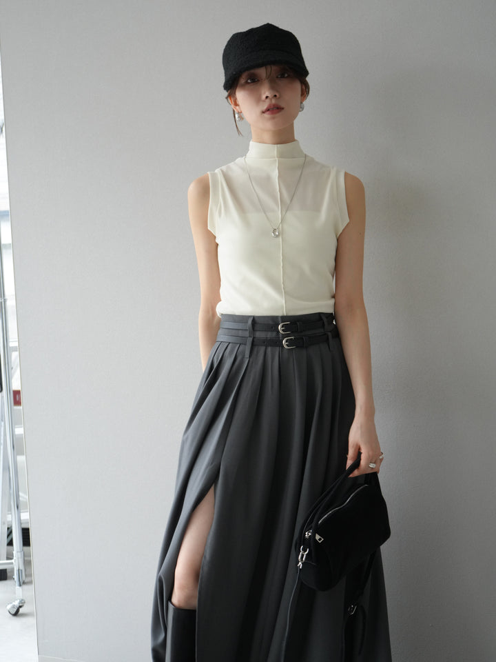 [SET]シアーベロアプチネックノースリーブトップス+エステルプリーツスリットスカート(2set)
