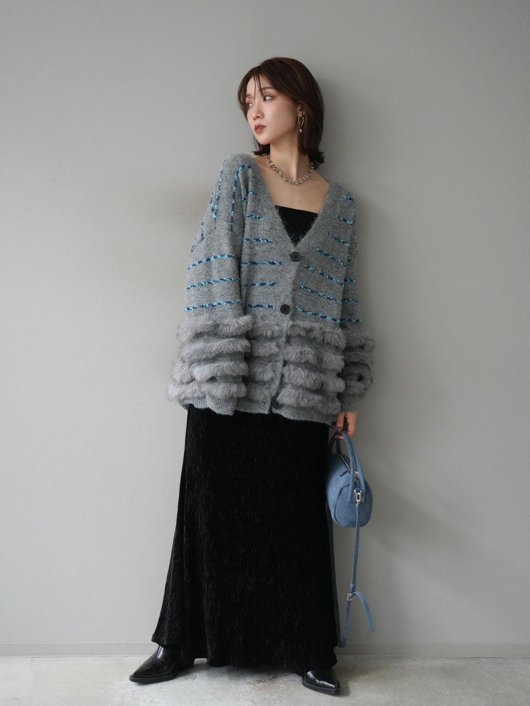 [SET]フェザーライン配色シャギーニットカーディガン+ベロアプリーツナロースカート(2set)