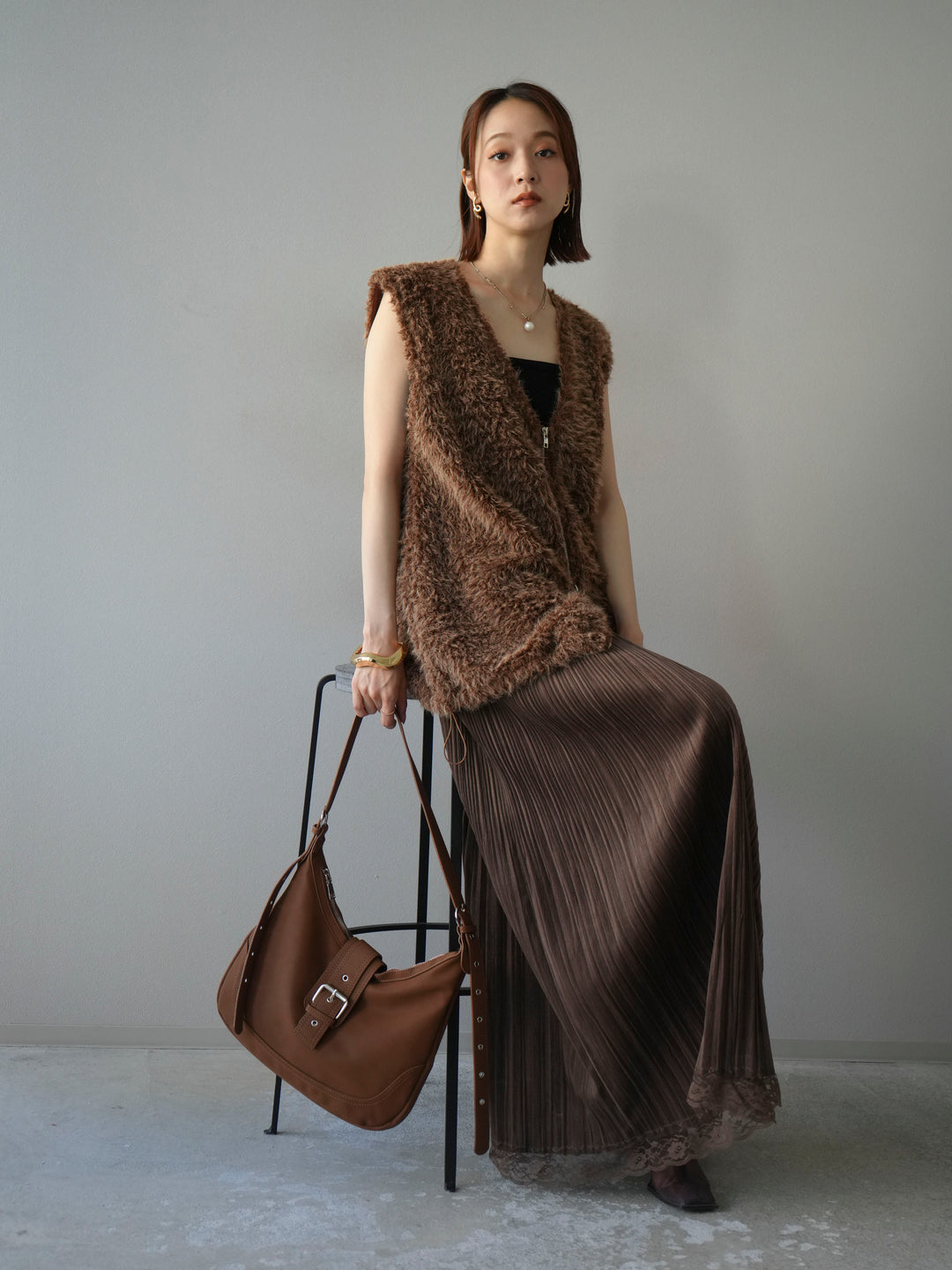 [予約]ダブルZIPループシャギーベスト/ブラウン