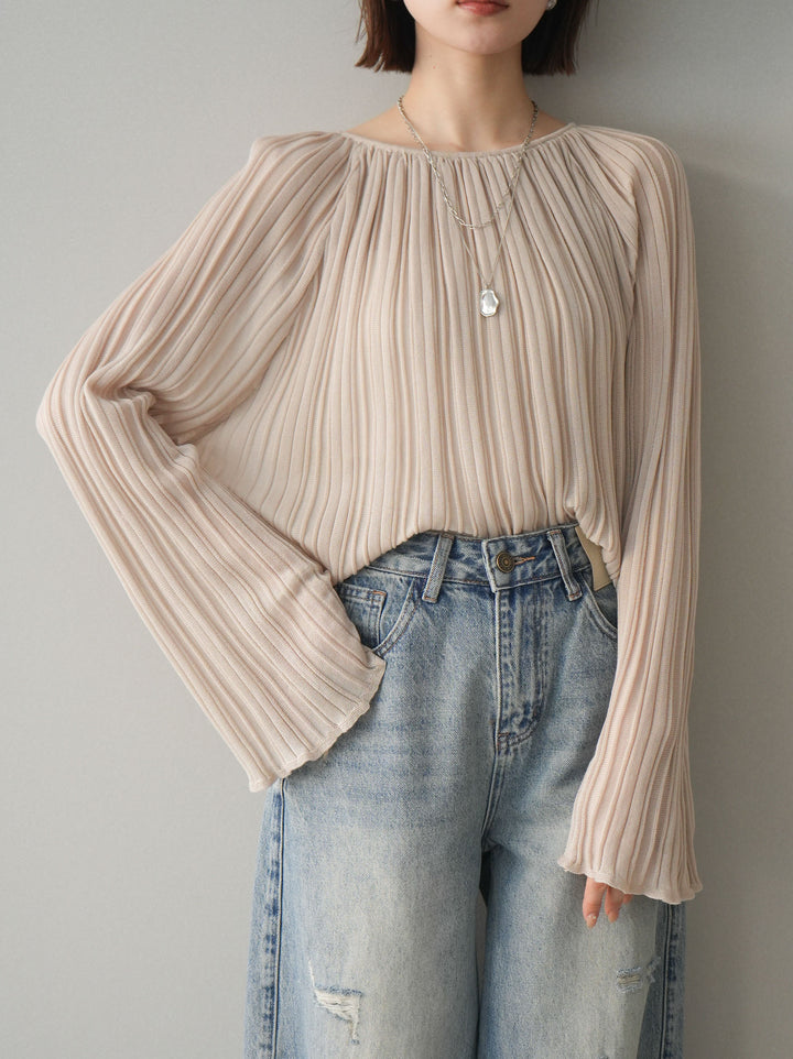 [予約]プリーツシアーフレアスリーブニットトップス/beige