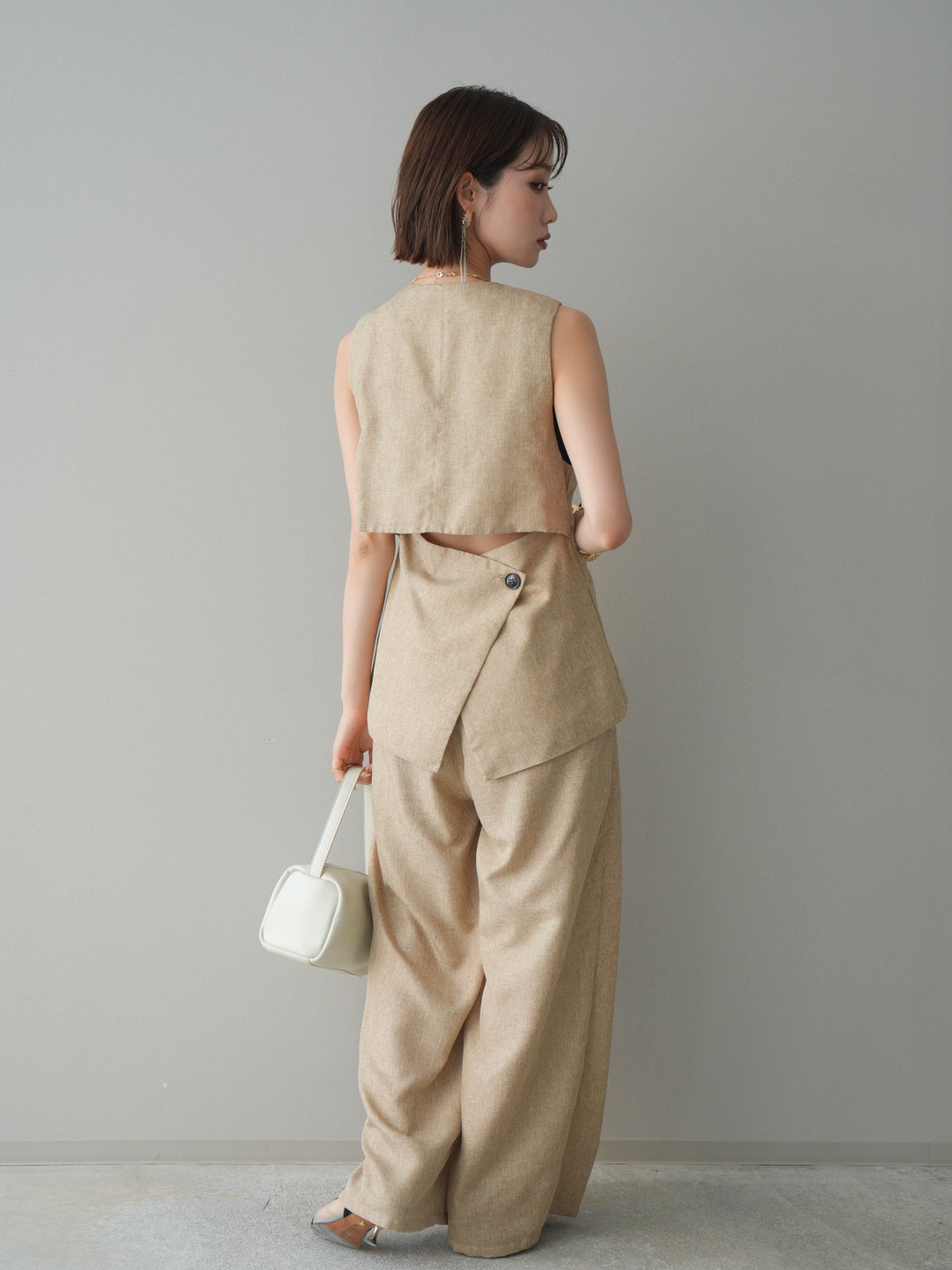 [予約]リネンライクタックワイドパンツ/beige
