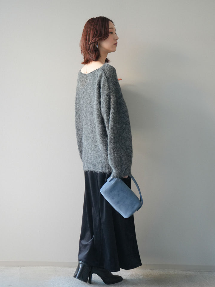 [SET]透かしデザインニットプルオーバー+ベルベットナロースカート(2set)