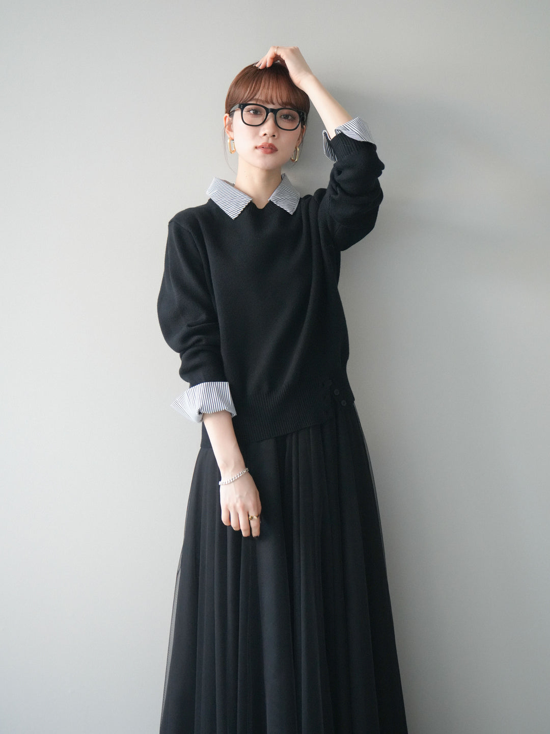 [予約]シャツドッキングデザイン裾ボタンニットプルオーバー/black