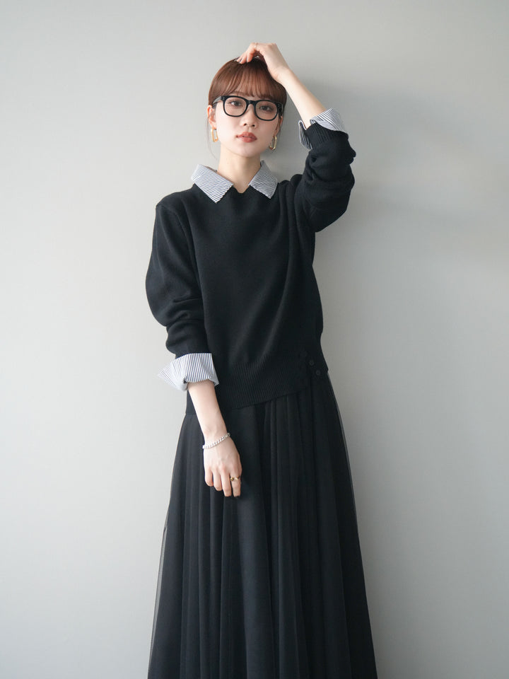 [予約]シャツドッキングデザイン裾ボタンニットプルオーバー/black