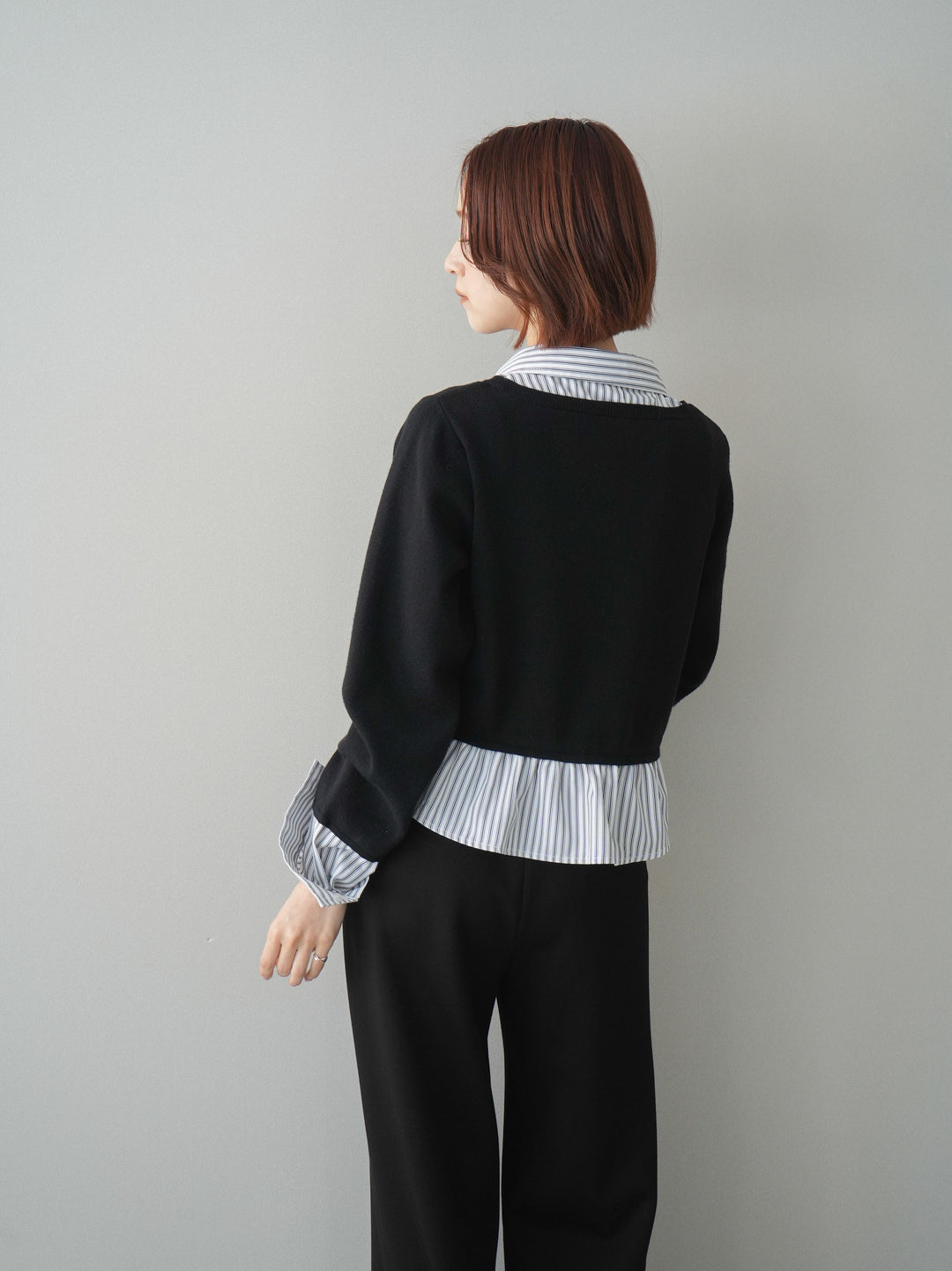 [SET]ストライプシャツUネックドッキングニットプルオーバー+イージーポンチワイドパンツ(2set)