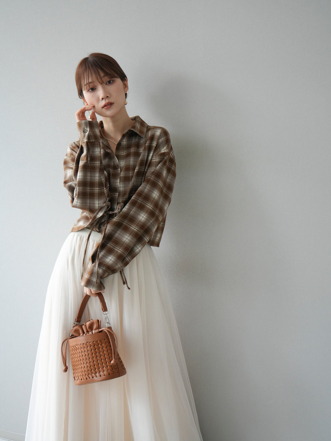 [予約]ドロストクロップネルチェックドシャツ/シナモン