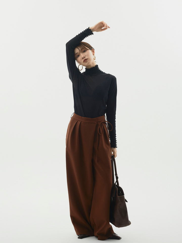 【Allure】[SET]シアーフリルメロートップス+ラップデザインタックワイドパンツ(2set)