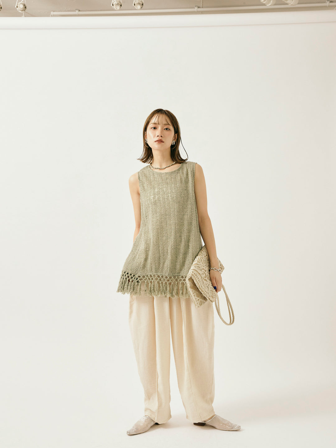 [予約]フリンジ透かし編みニットベスト/カーキ