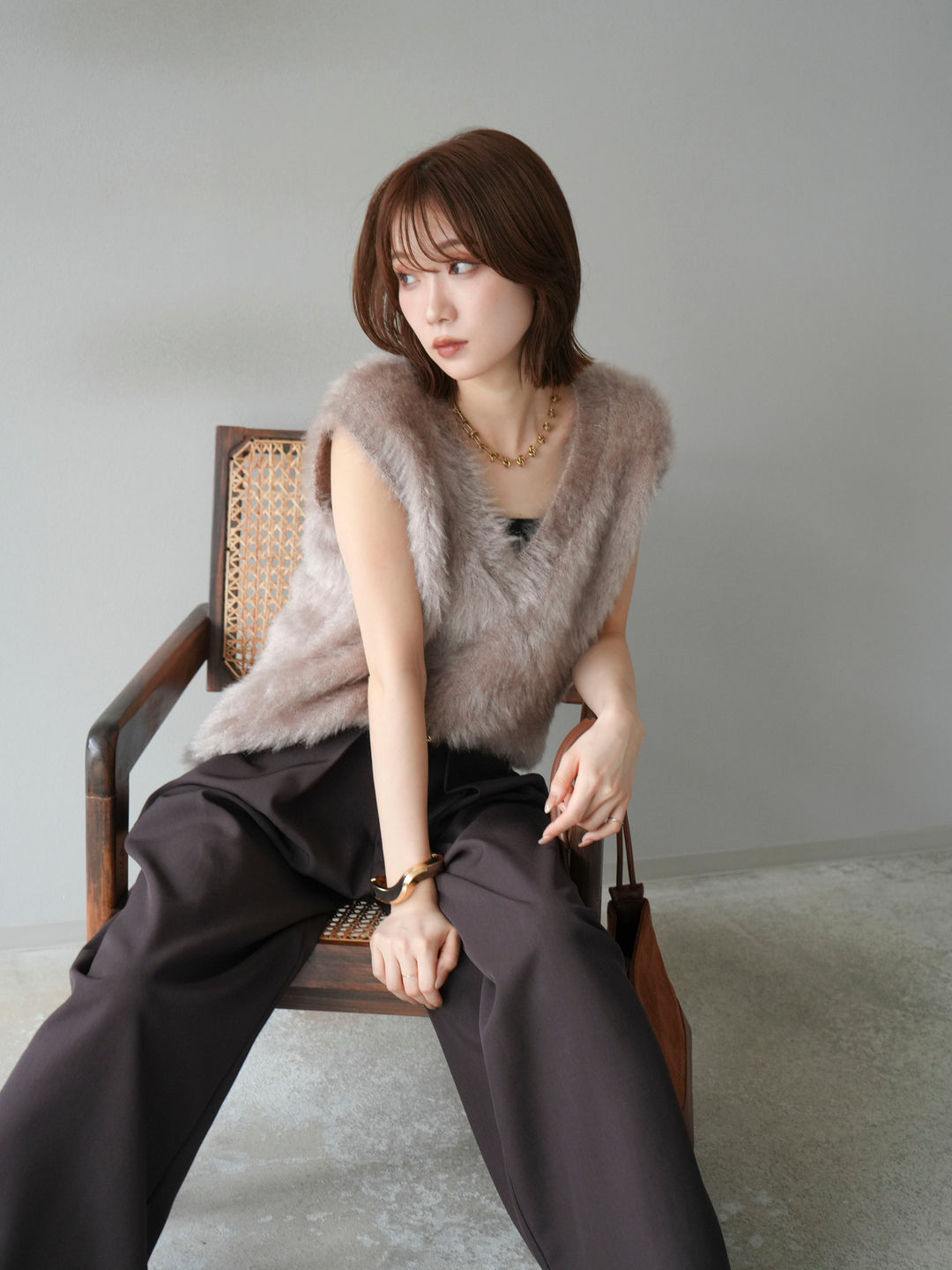 [SET]ラメシャギーVネックニットベスト+ベルトループデザインワイドパンツ(2set)