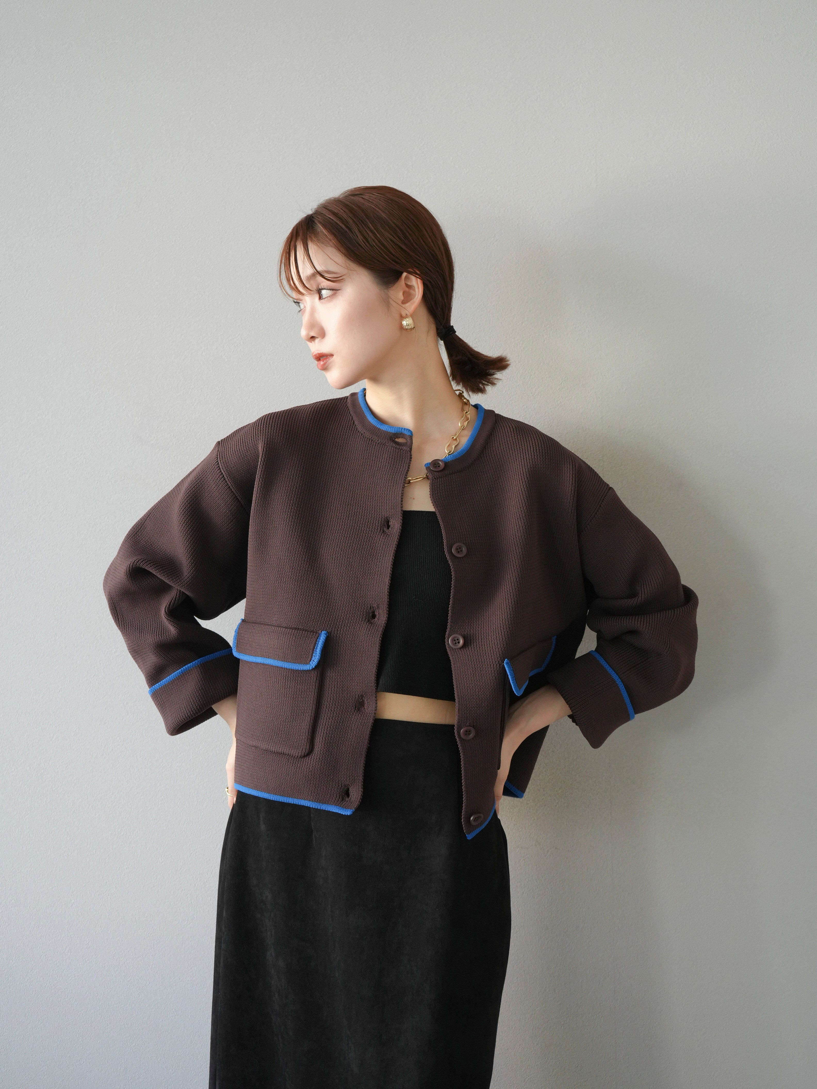 予約]ポリエステル配色クルーネックカーディガン/ブラウン – Lumier