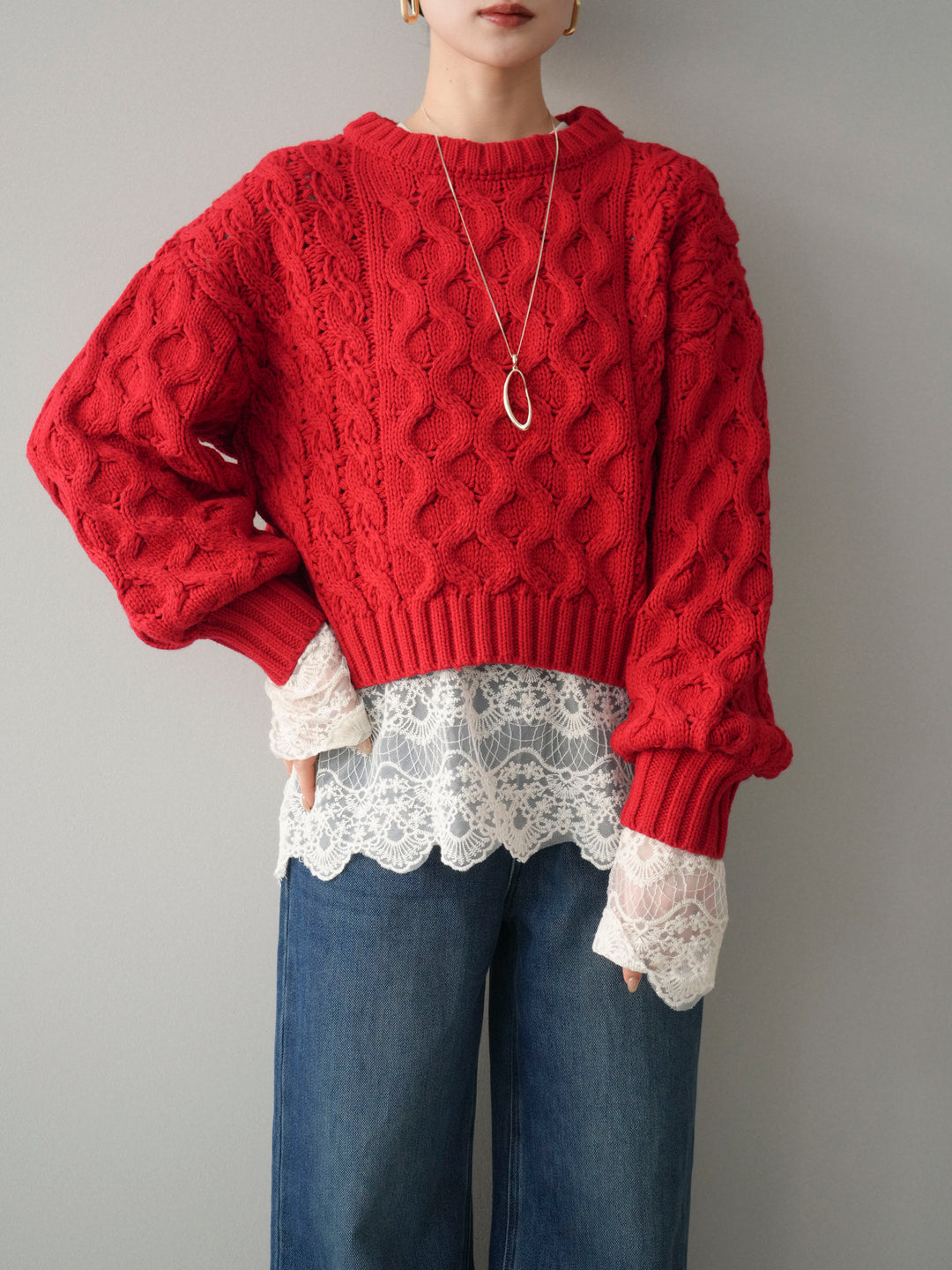 [SET]バルキーケーブルクロップドニットプルオーバー+選べるアクセセット(2set)