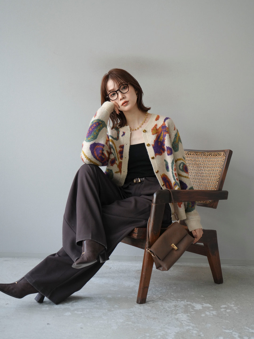 [SET]ミックスヤーンペイズリー柄ニットカーディガン+ベルトループデザインワイドパンツ(2set)