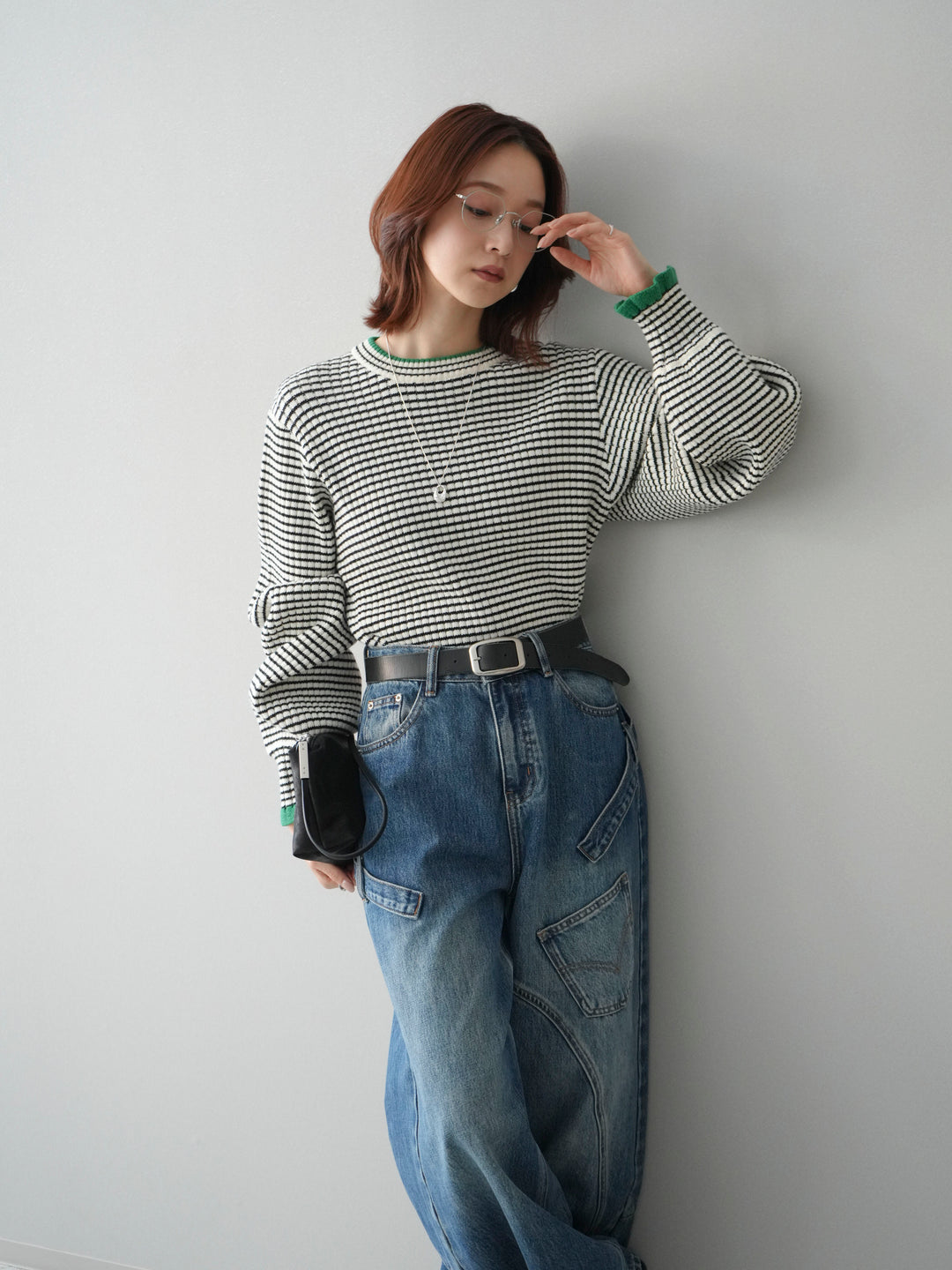 [SET]ラメ異素材ボーダーリブニットプルオーバー+ペインターカーブデニムパンツ(2set)