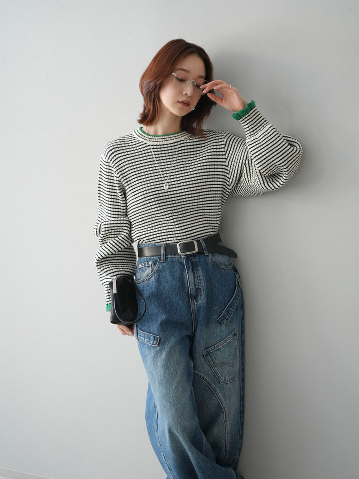 [SET]ラメ異素材ボーダーリブニットプルオーバー+ペインターカーブデニムパンツ(2set)