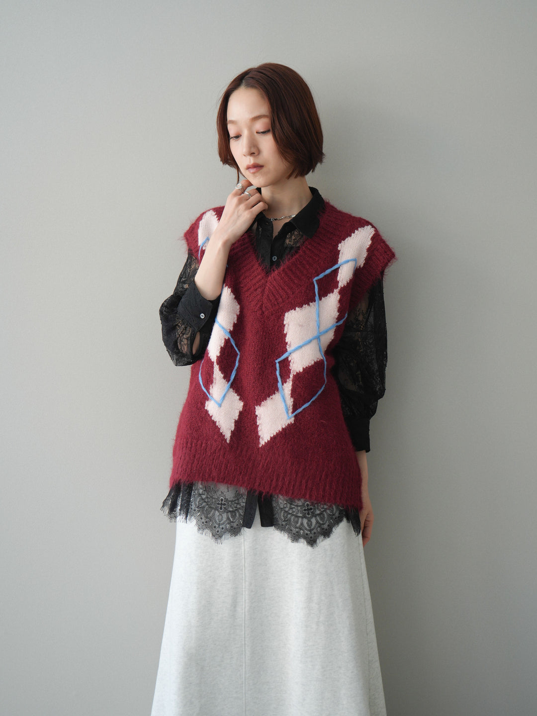 [SET]アーガイルVネックニットベスト+選べるアクセセット(2set)