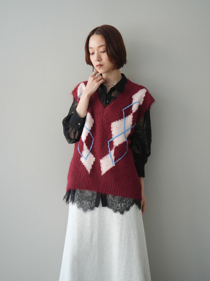 [SET]アーガイルVネックニットベスト+選べるアクセセット(2set)
