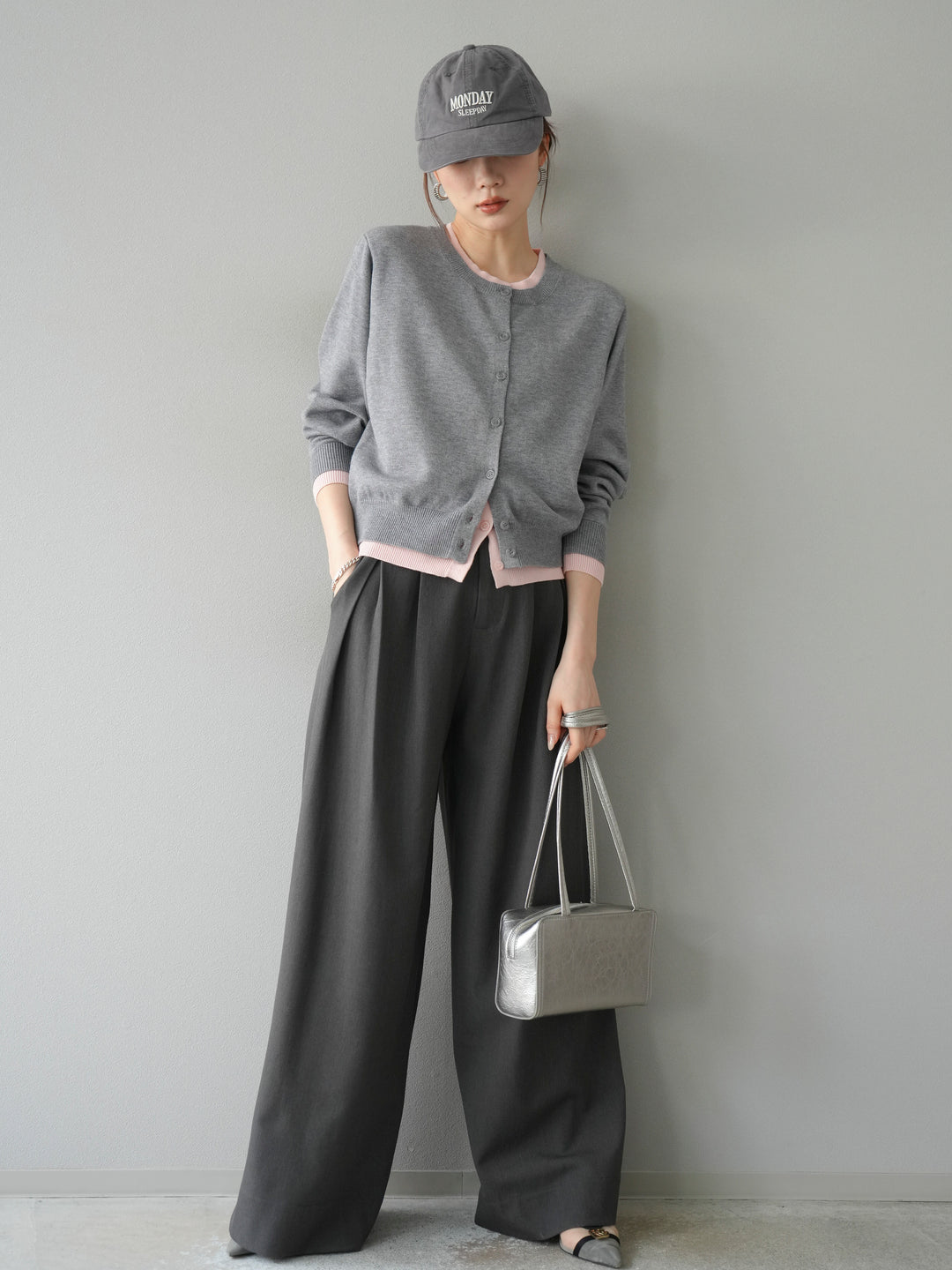 【預購】顏色協調的多層開襟衫/灰色