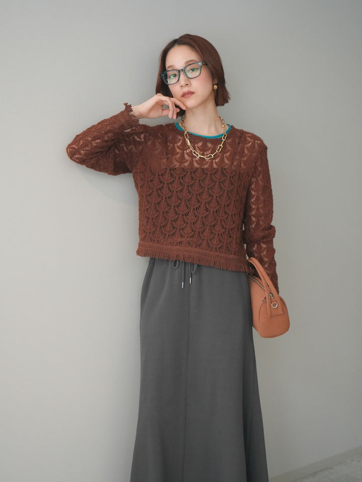 [予約]扇透かし編みクロップドニットプルオーバー/brown