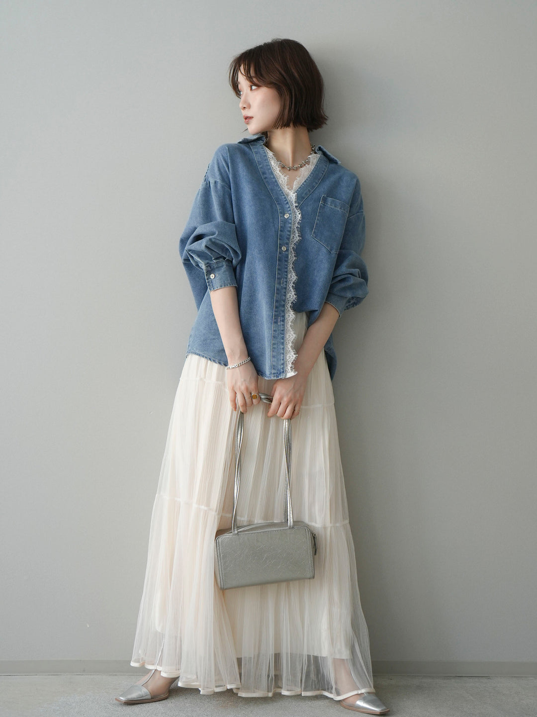 [予約]ラメプリーツレイヤードチュールロングスカート/ivory