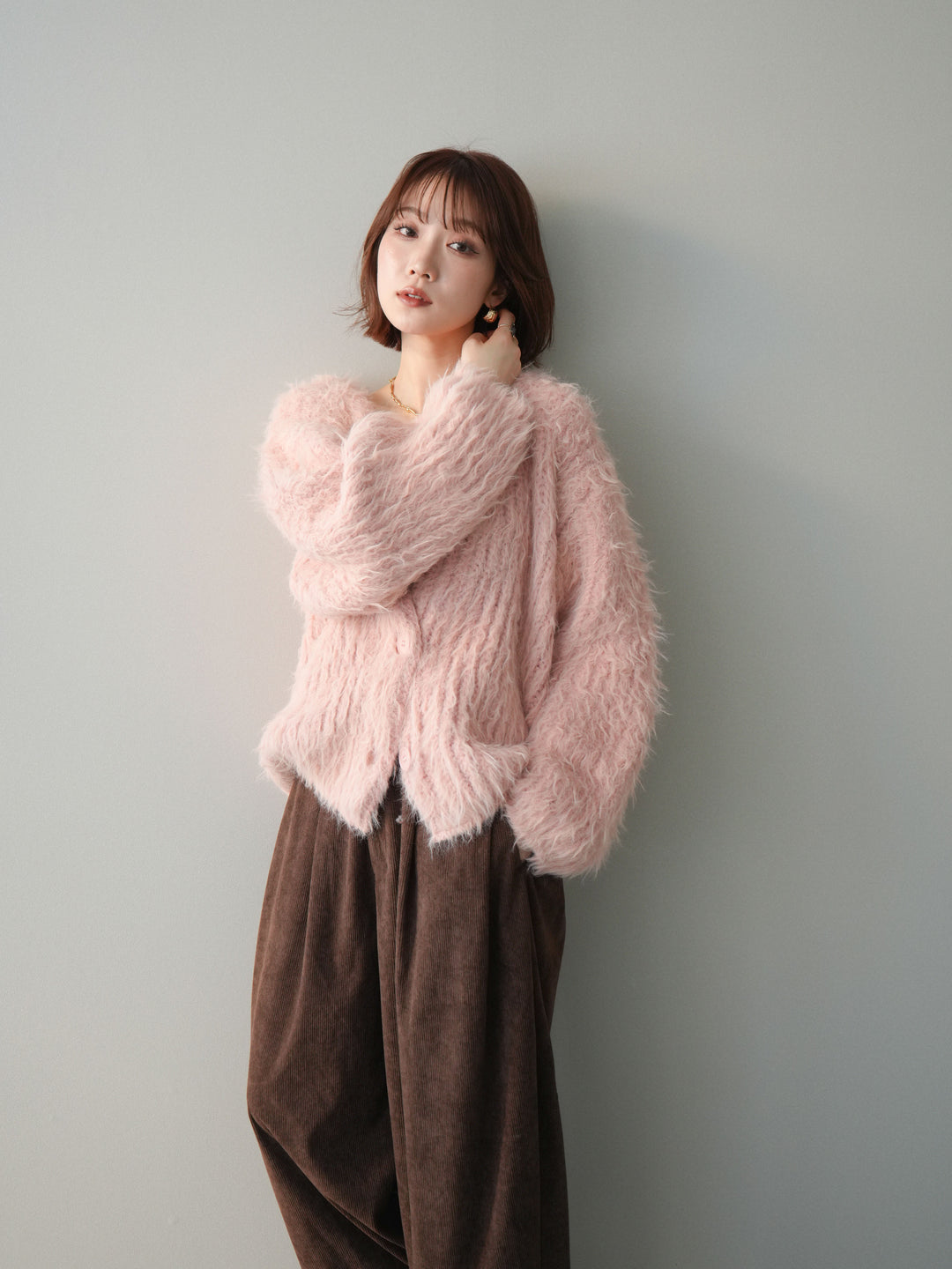 [予約]シャギーオーバーニットカーディガン/pink