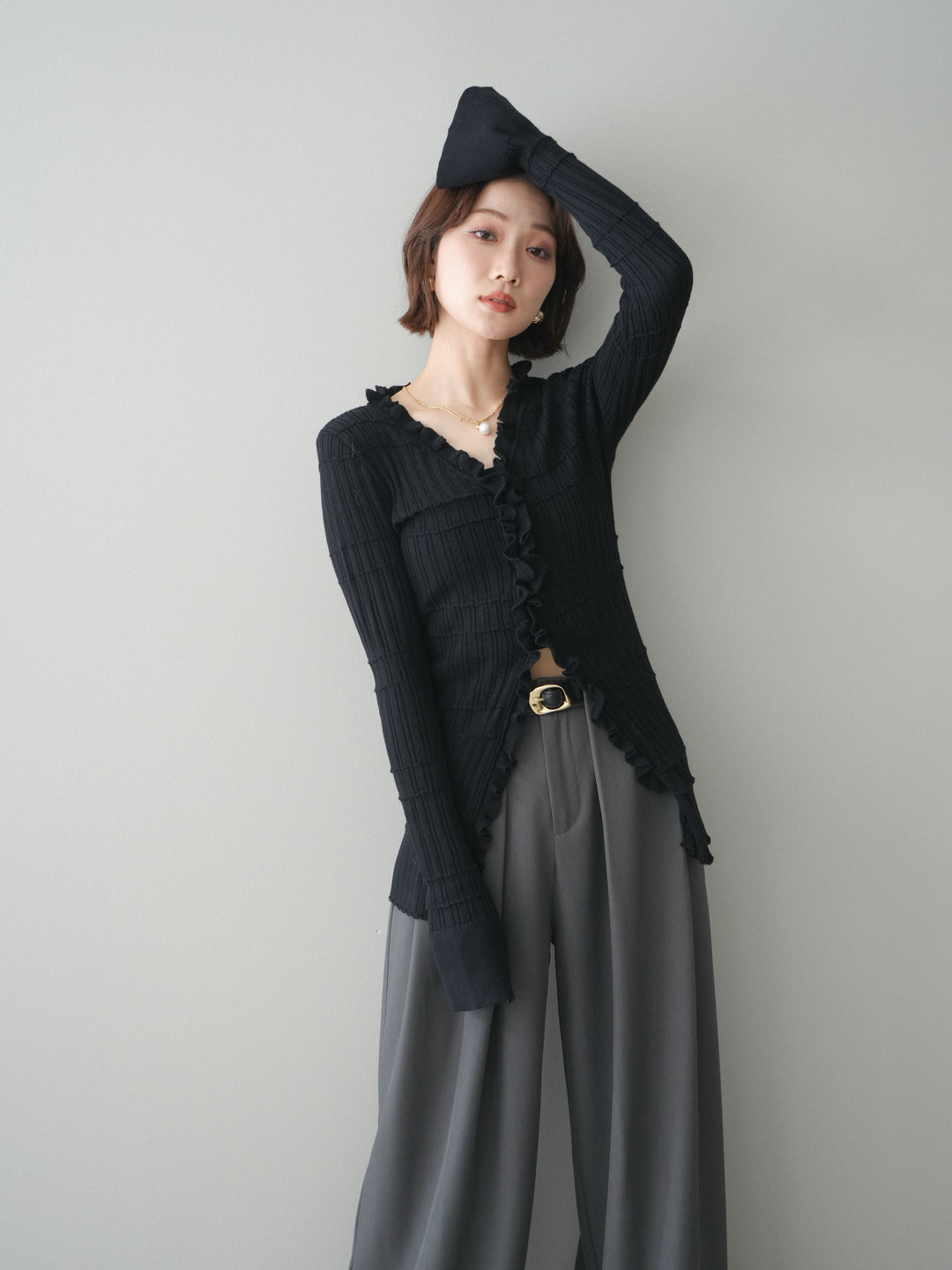 [予約]フロントフリルリブニットカーディガン/black