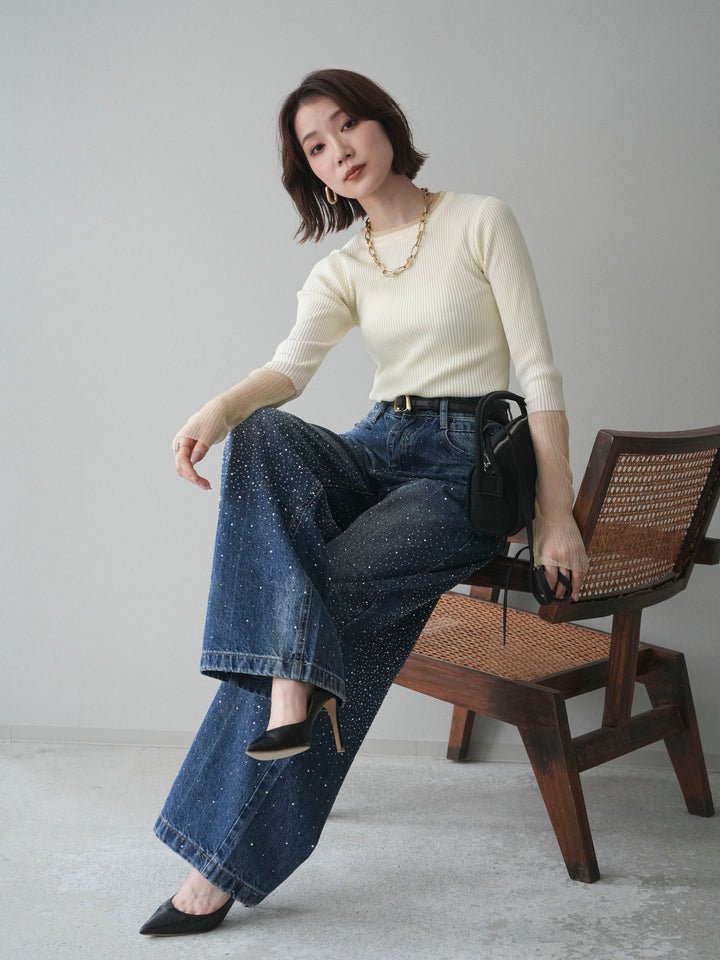 [SET]リブラメシアー切替リブニットトップス+ラインストーンカーブデニムパンツ(2set)