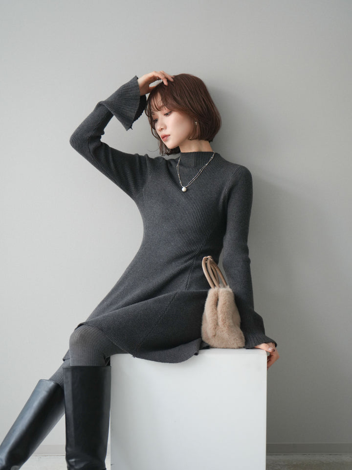 【預購】喇叭形羅紋針織迷你洋裝 / 灰色