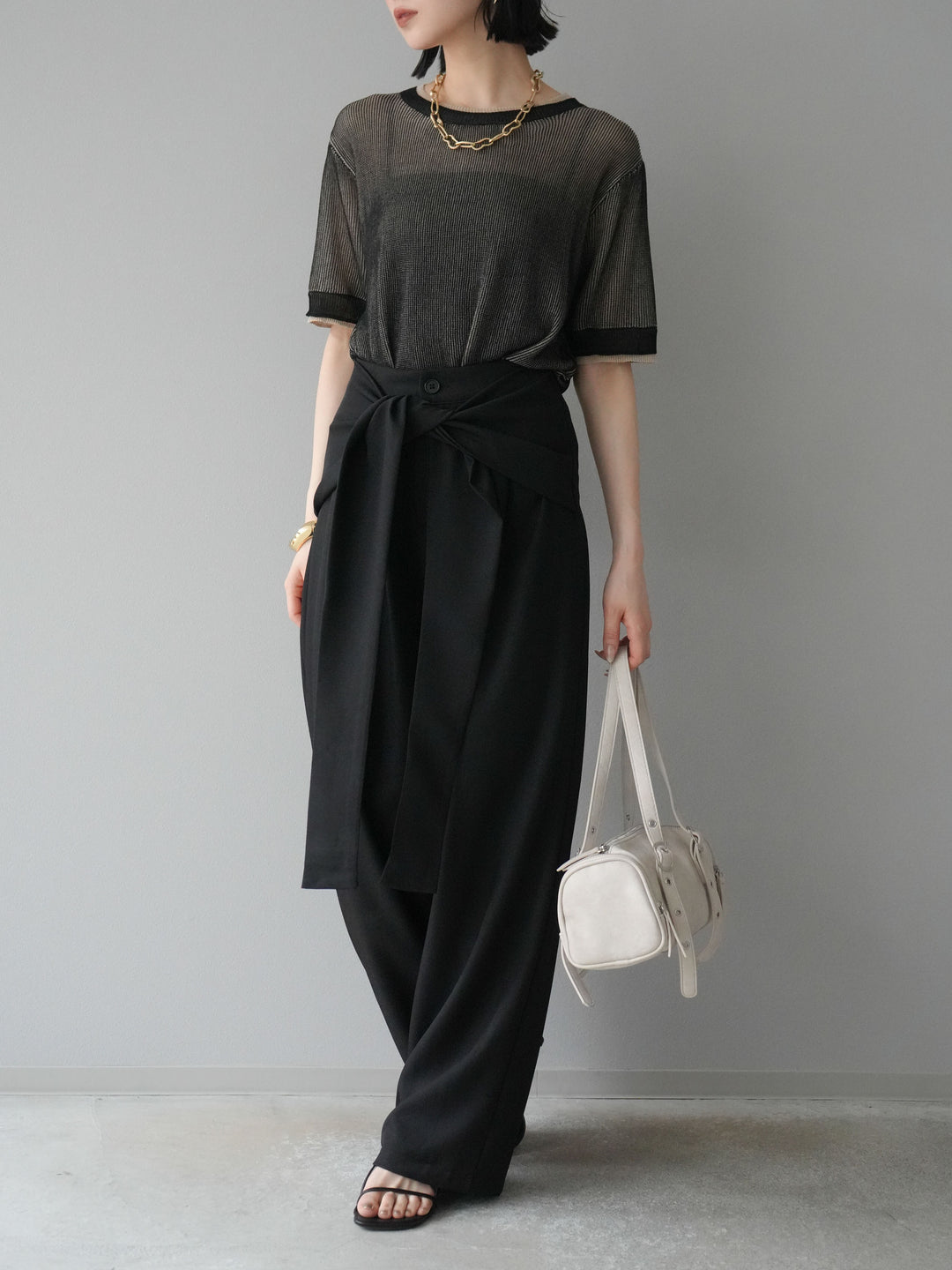 [SET]リネンタッチ配色二重臼ハーフニットトップス+ウエスト巻きデザインワイドパンツ(2set)