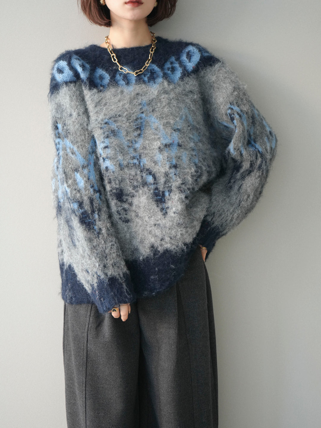 [SET]シャギーニュアンス柄ニットプルオーバー+ベルト付起毛コクーンパンツ(2set)