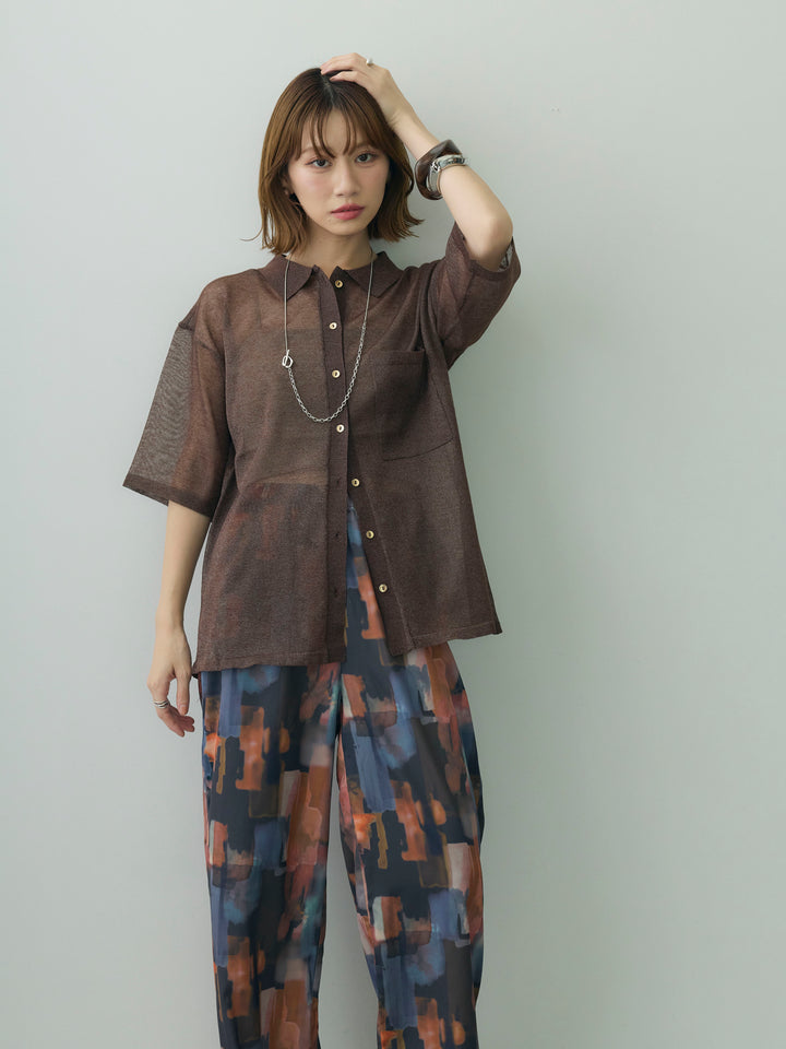 [SET]シアーハーフラメニットシャツ+ニュアンスプリントイージーパンツ(2set)