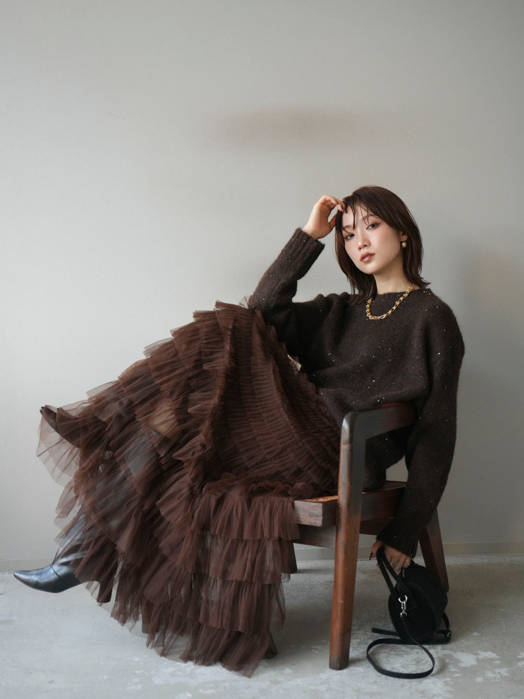 [予約]スパンコールニットプルオーバー/ブラウン